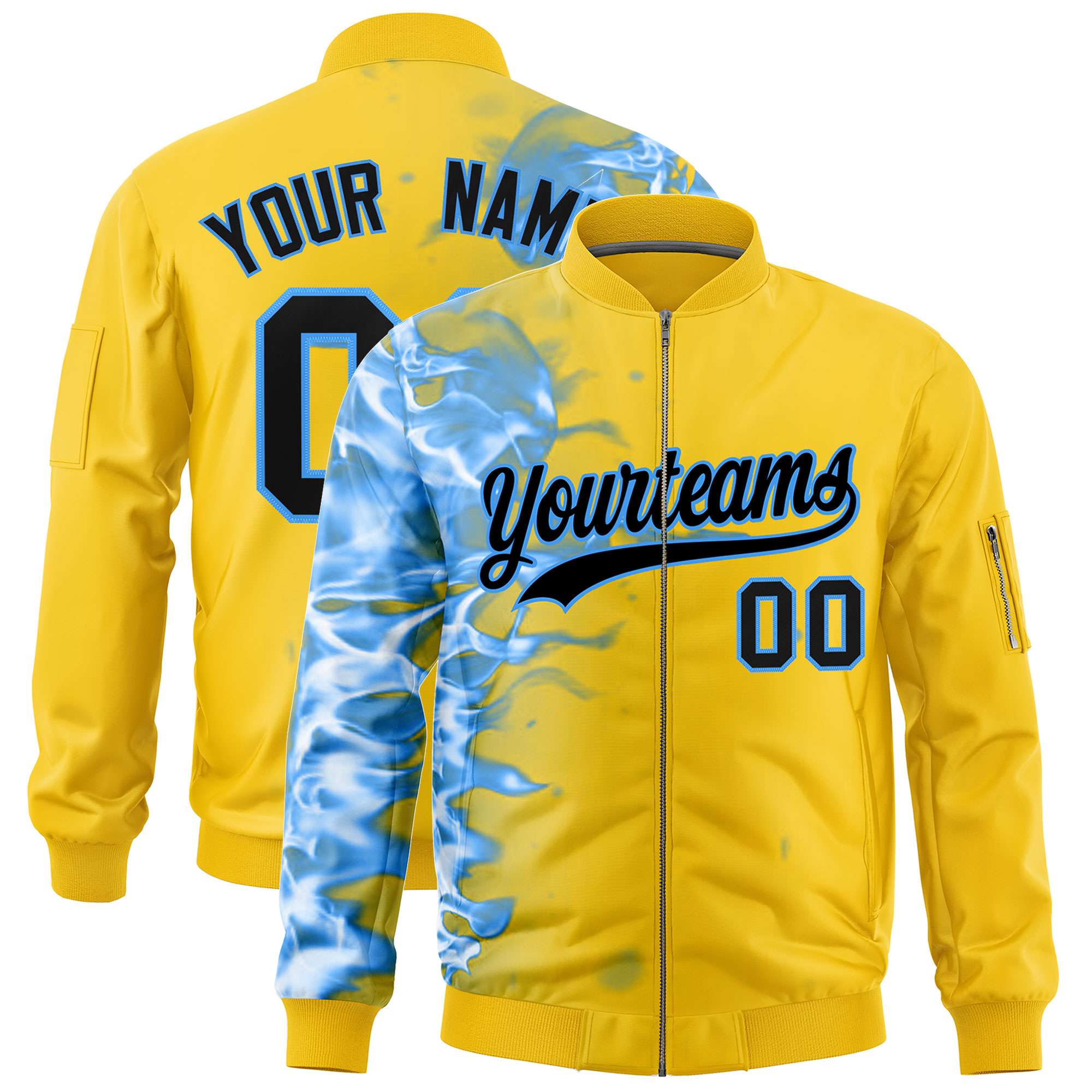 Custom Gold 3D Flame Varsity Full-Zip Letterman Bomber Jacket