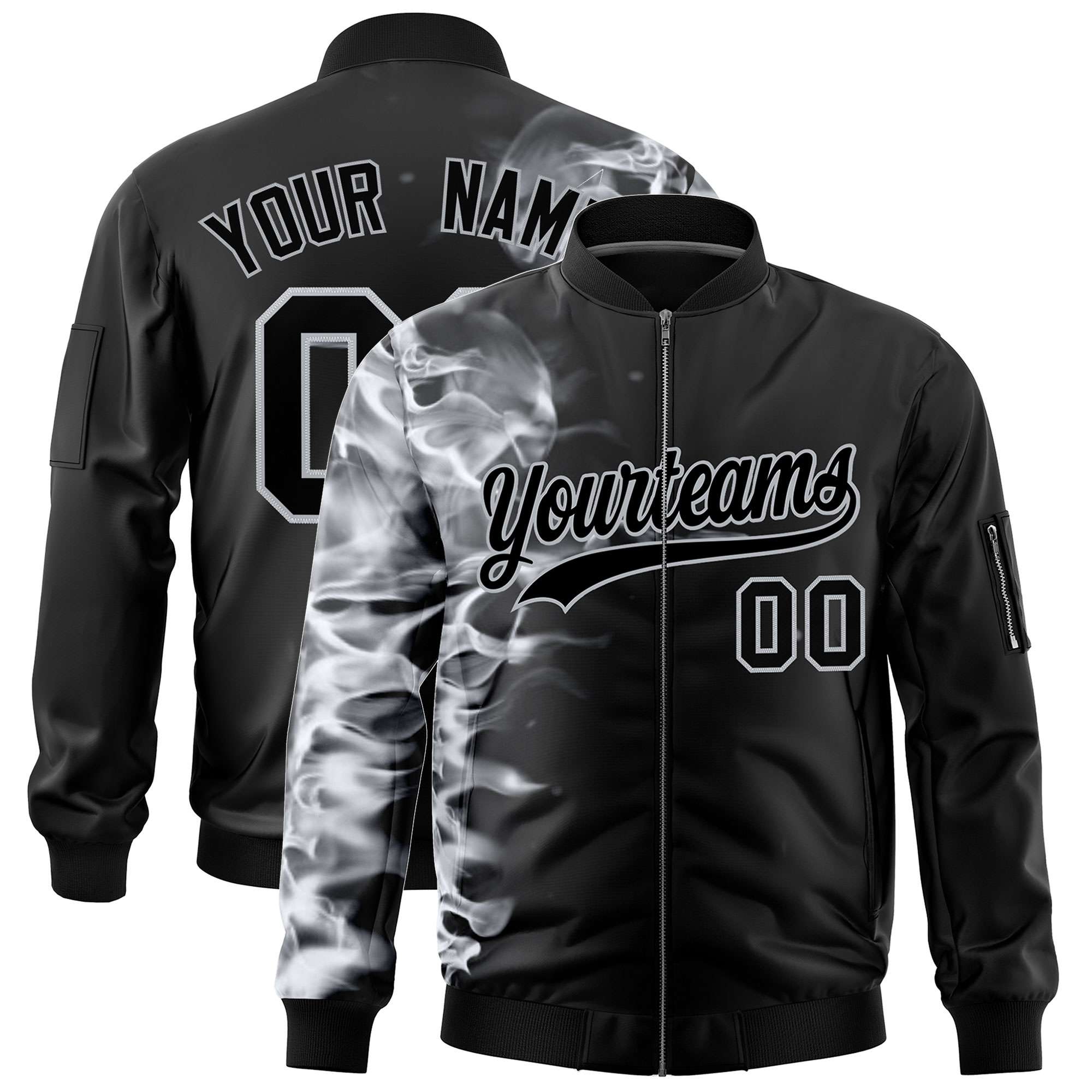 Custom Black 3D Flame Varsity Full-Zip Letterman Bomber Jacket