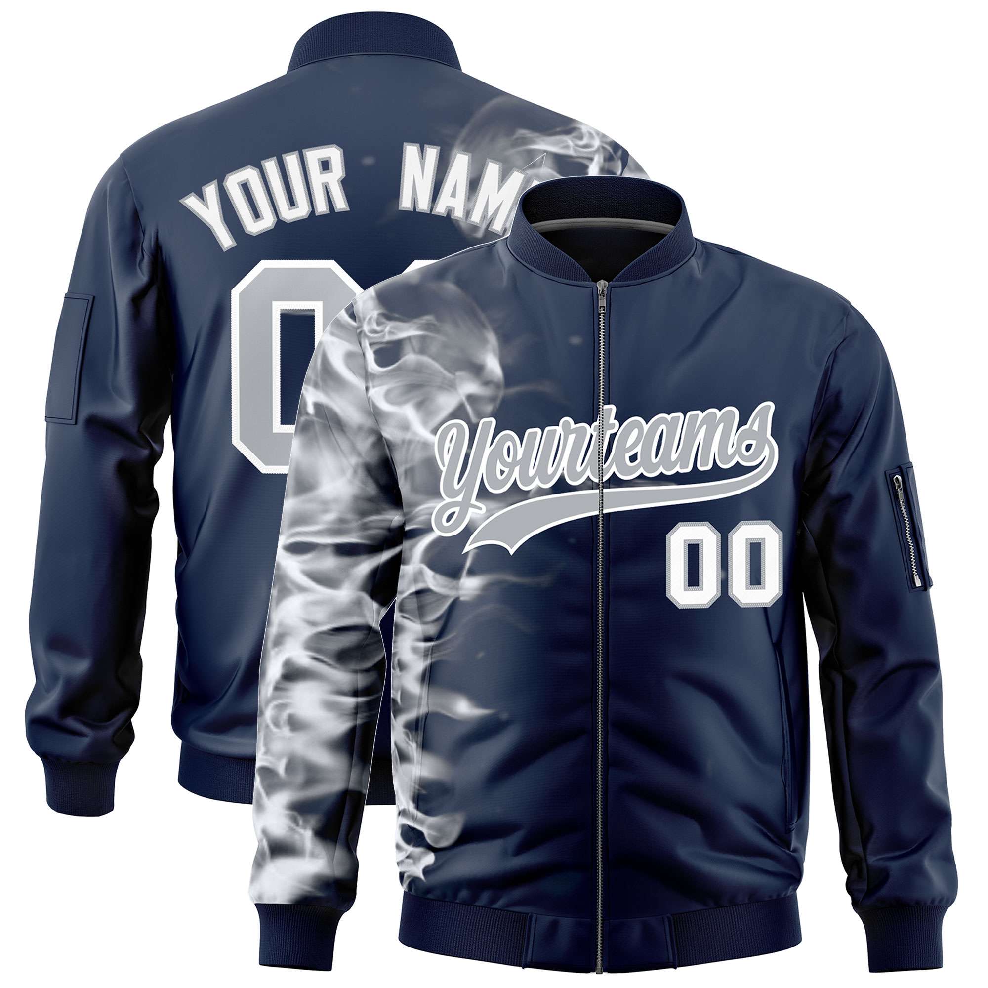 Custom Navy 3D Flame Varsity Full-Zip Letterman Bomber Jacket