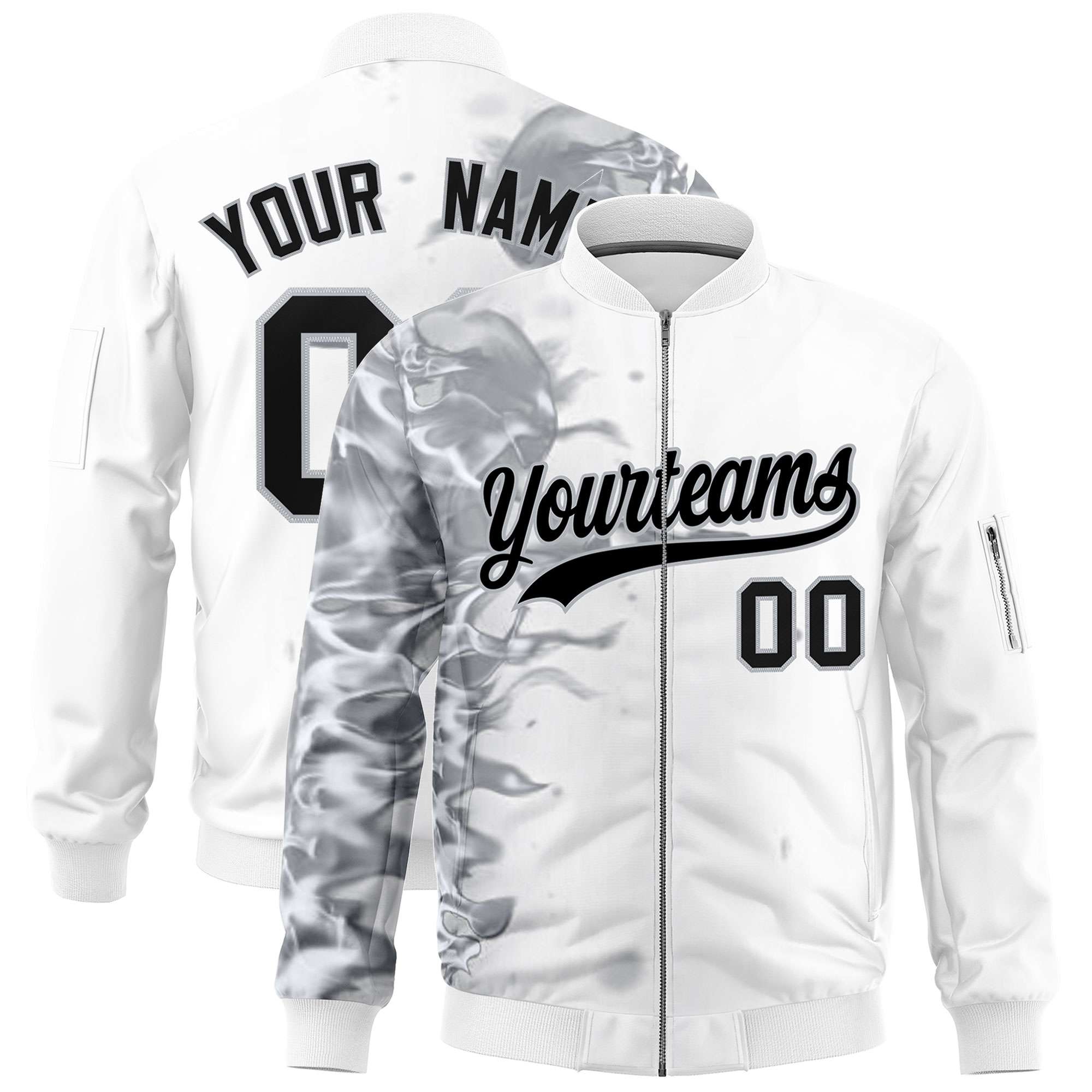 Custom White 3D Flame Varsity Full-Zip Letterman Bomber Jacket