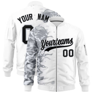 Custom White 3D Flame Varsity Full-Zip Letterman Bomber Jacket