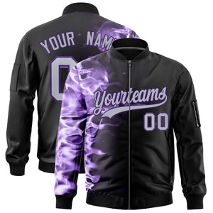 Custom Black 3D Flame Varsity Full-Zip Letterman Bomber Jacket