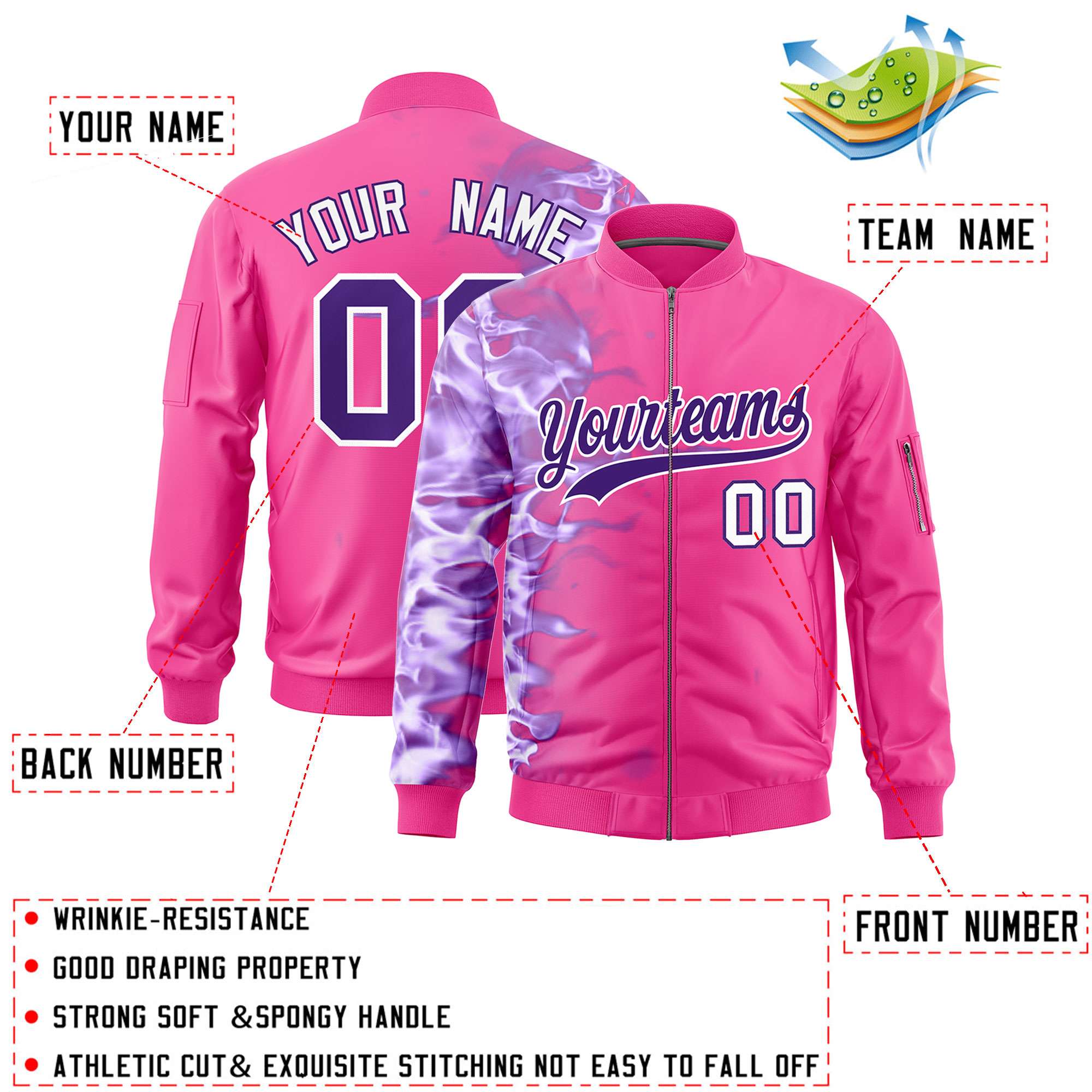 Custom Pink 3D Flame Varsity Full-Zip Letterman Bomber Jacket