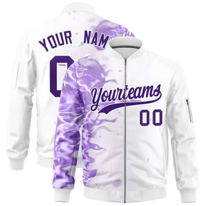 Custom White 3D Flame Varsity Full-Zip Letterman Bomber Jacket