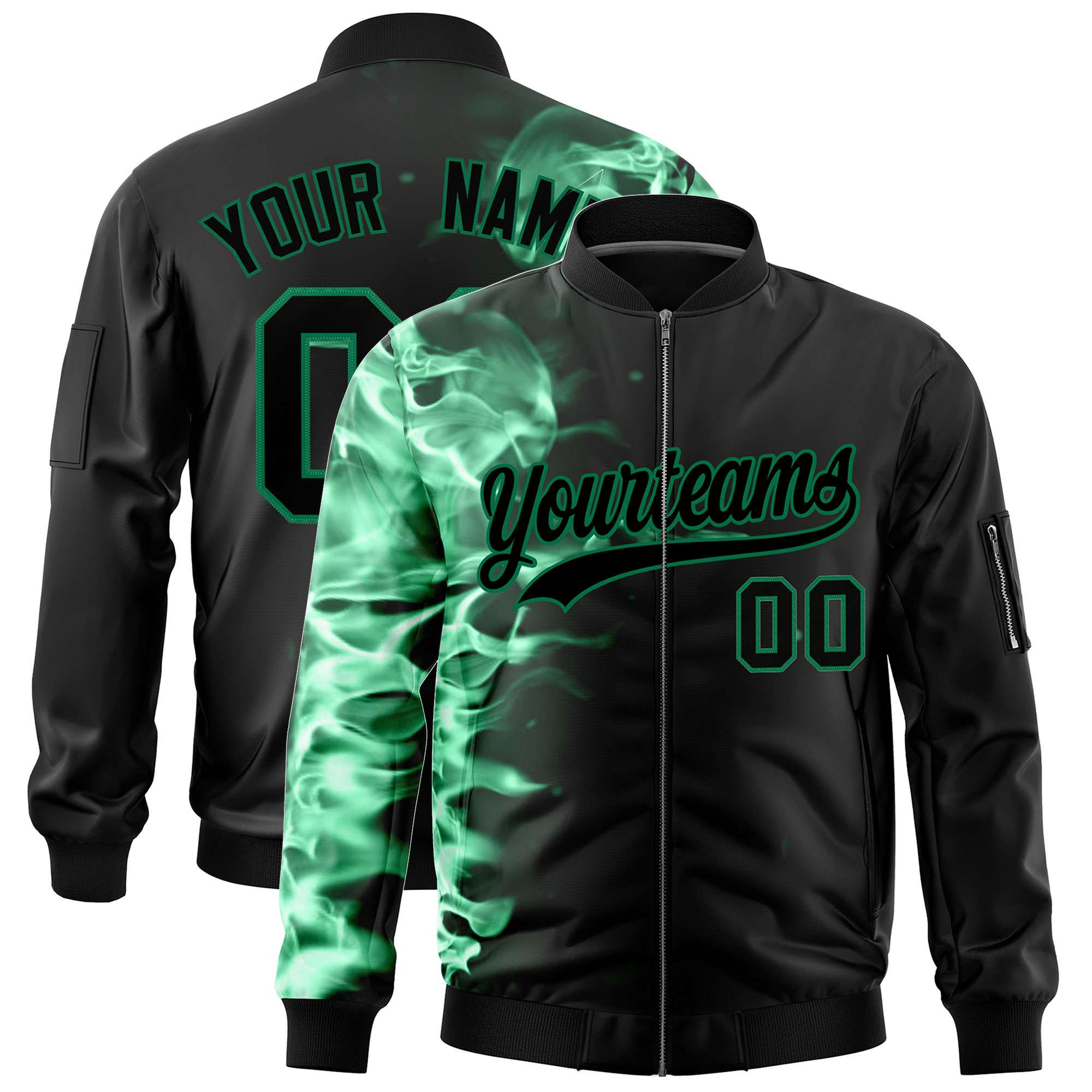 Custom Black 3D Flame Varsity Full-Zip Letterman Bomber Jacket