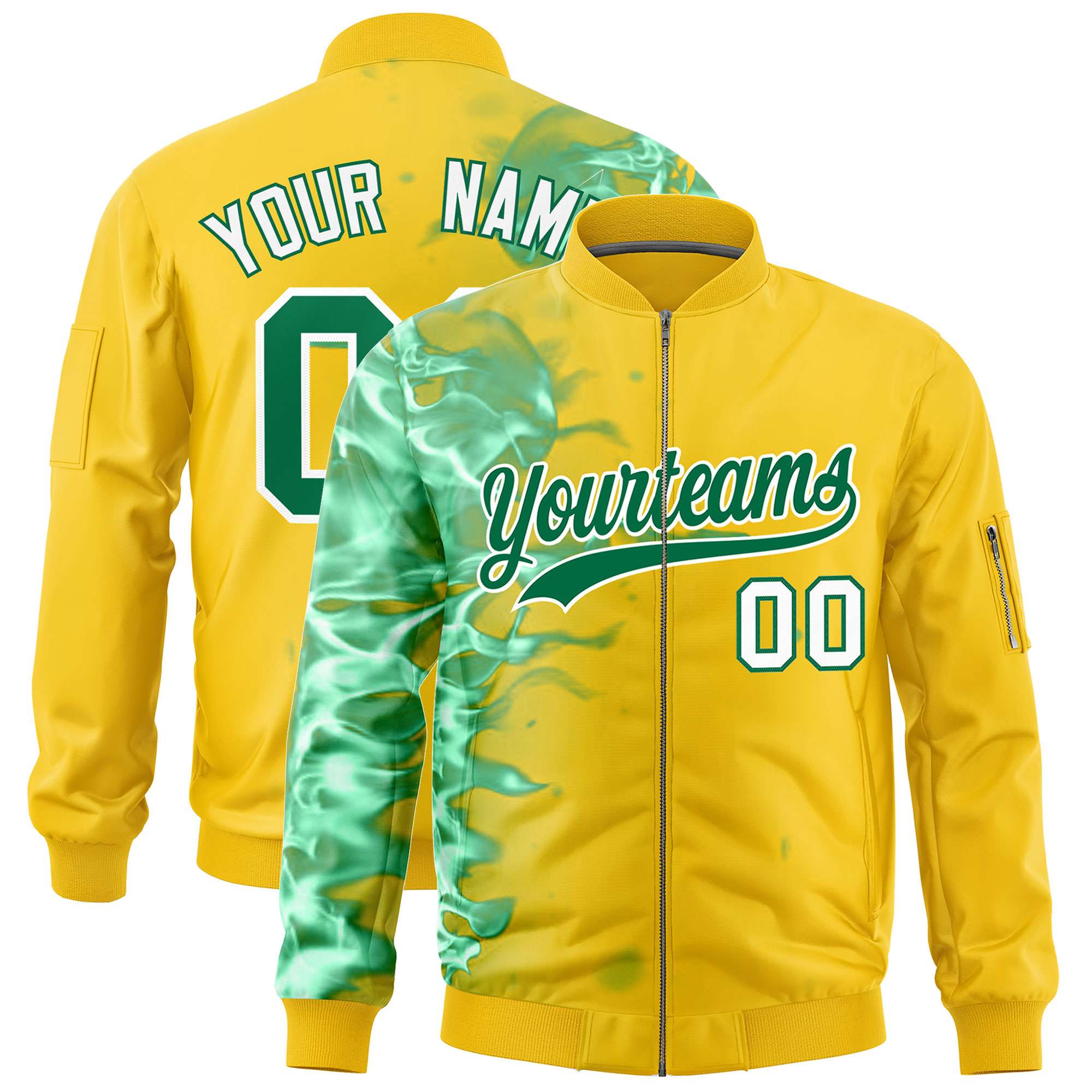 Custom Gold 3D Flame Varsity Full-Zip Letterman Bomber Jacket