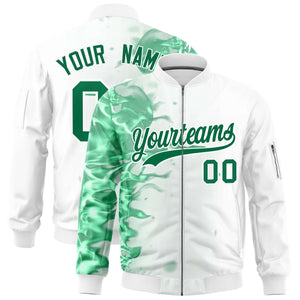 Custom White 3D Flame Varsity Full-Zip Letterman Bomber Jacket