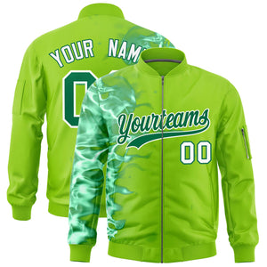 Custom Neon Green 3D Flame Varsity Full-Zip Letterman Bomber Jacket