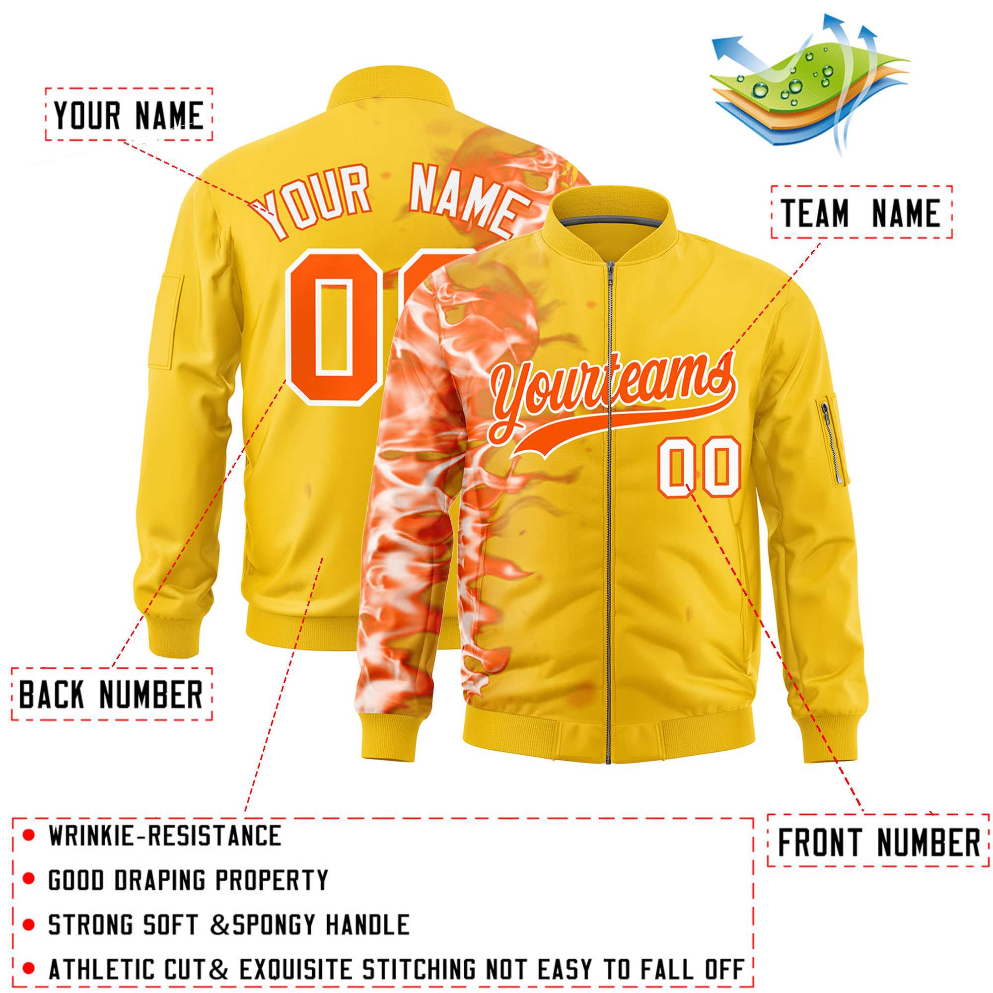 Custom Gold 3D Flame Varsity Full-Zip Letterman Bomber Jacket