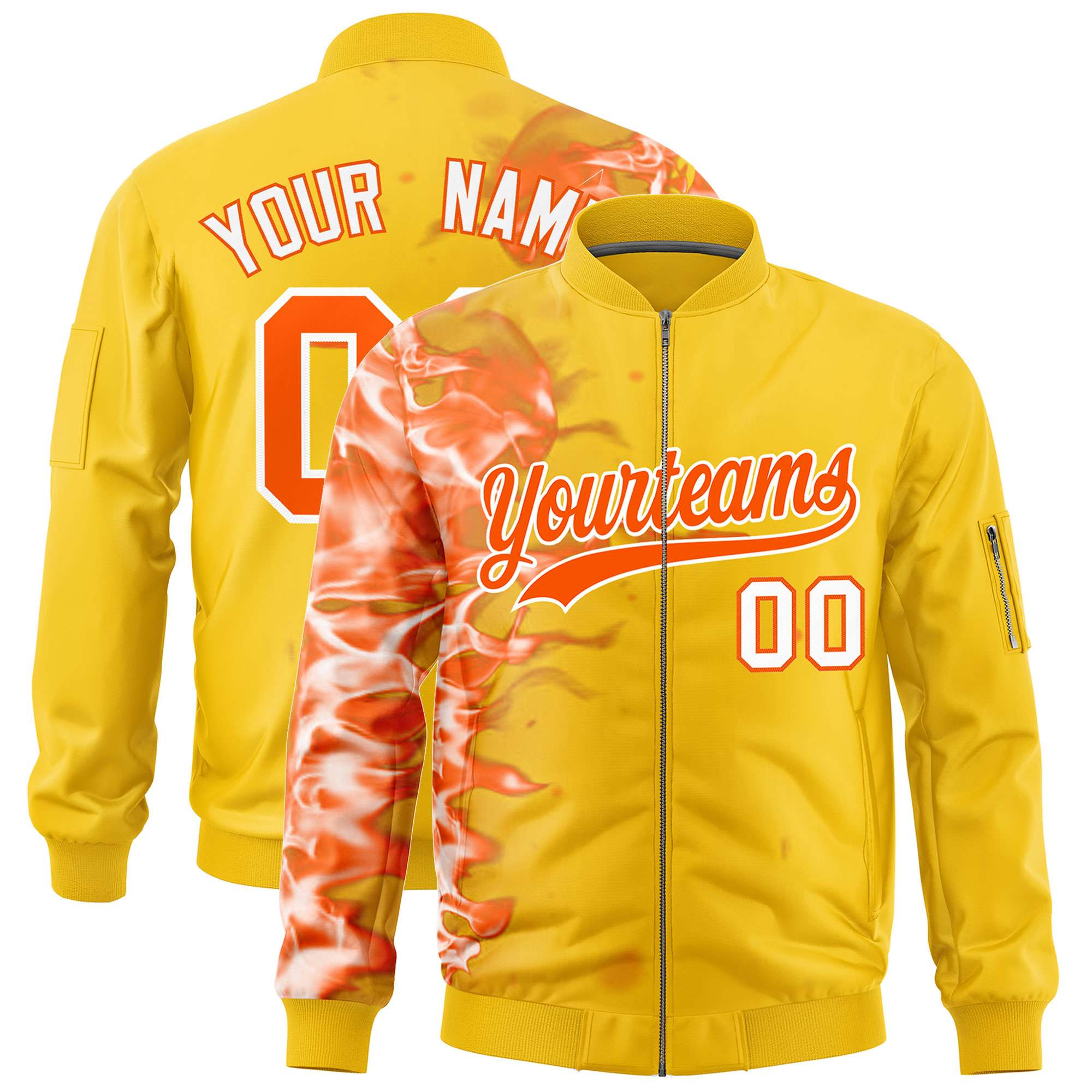 Custom Gold 3D Flame Varsity Full-Zip Letterman Bomber Jacket