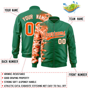 Custom Kelly Green 3D Flame Varsity Full-Zip Letterman Bomber Jacket