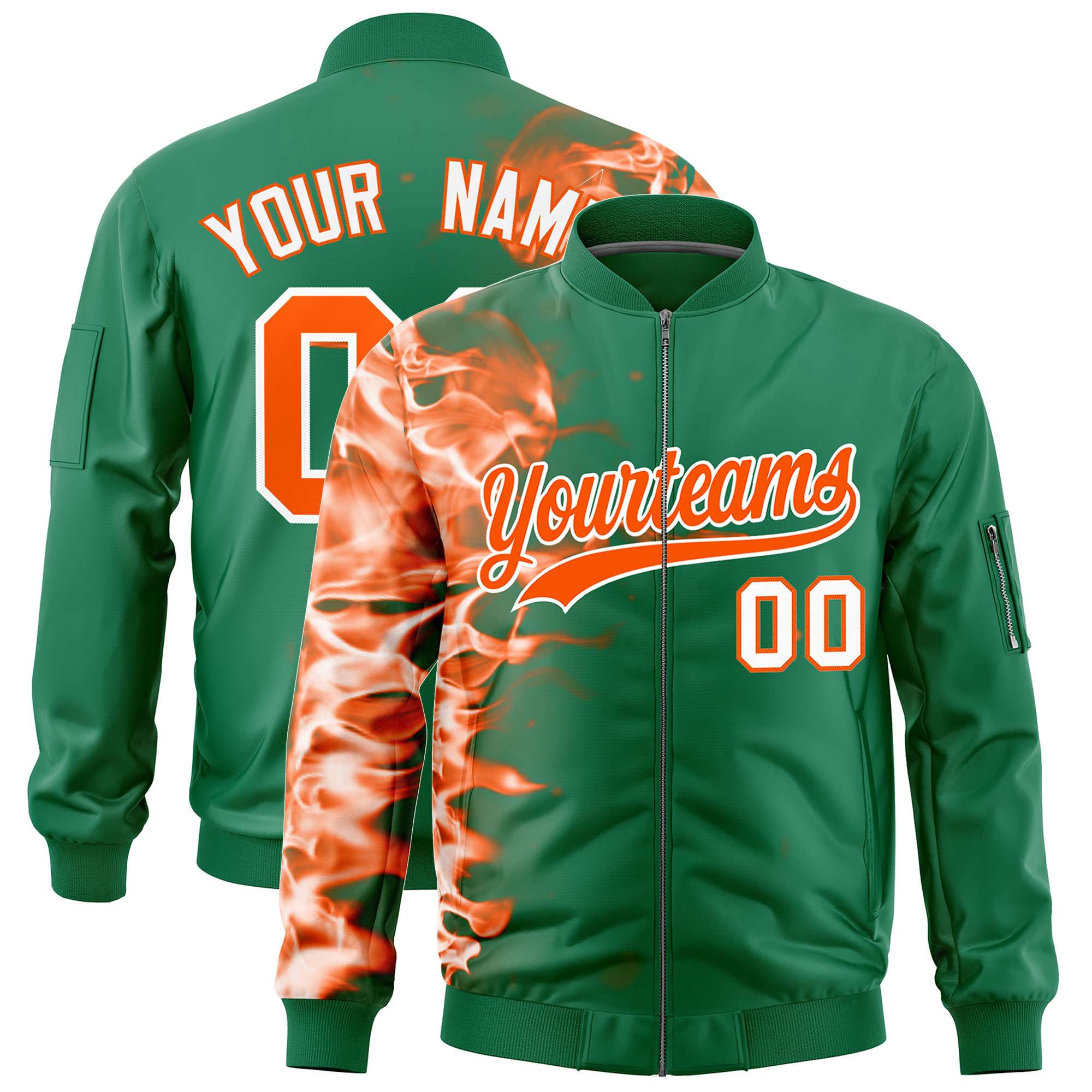 Custom Kelly Green 3D Flame Varsity Full-Zip Letterman Bomber Jacket