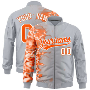 Custom Silver 3D Flame Varsity Full-Zip Letterman Bomber Jacket