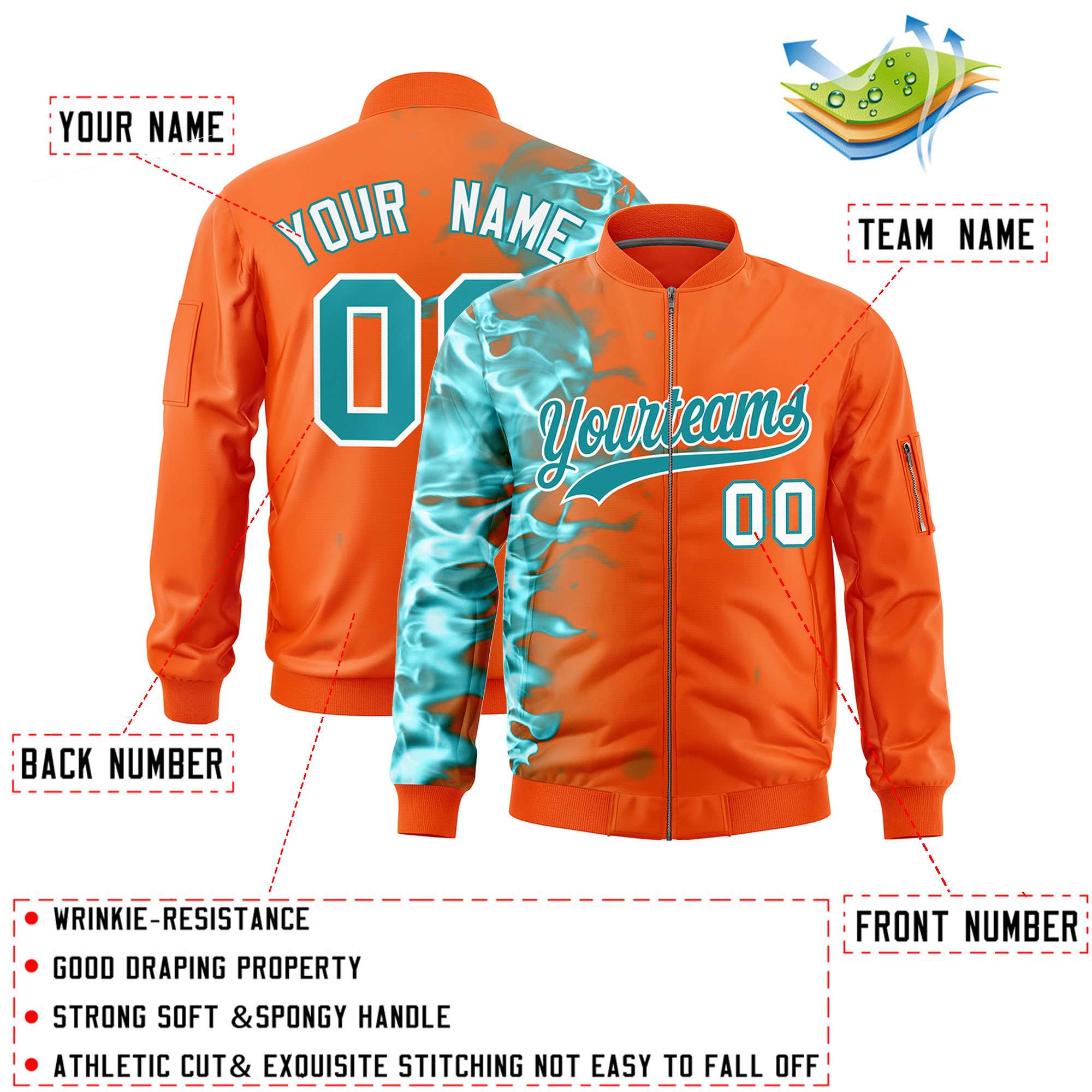 Custom Orange 3D Flame Varsity Full-Zip Letterman Bomber Jacket