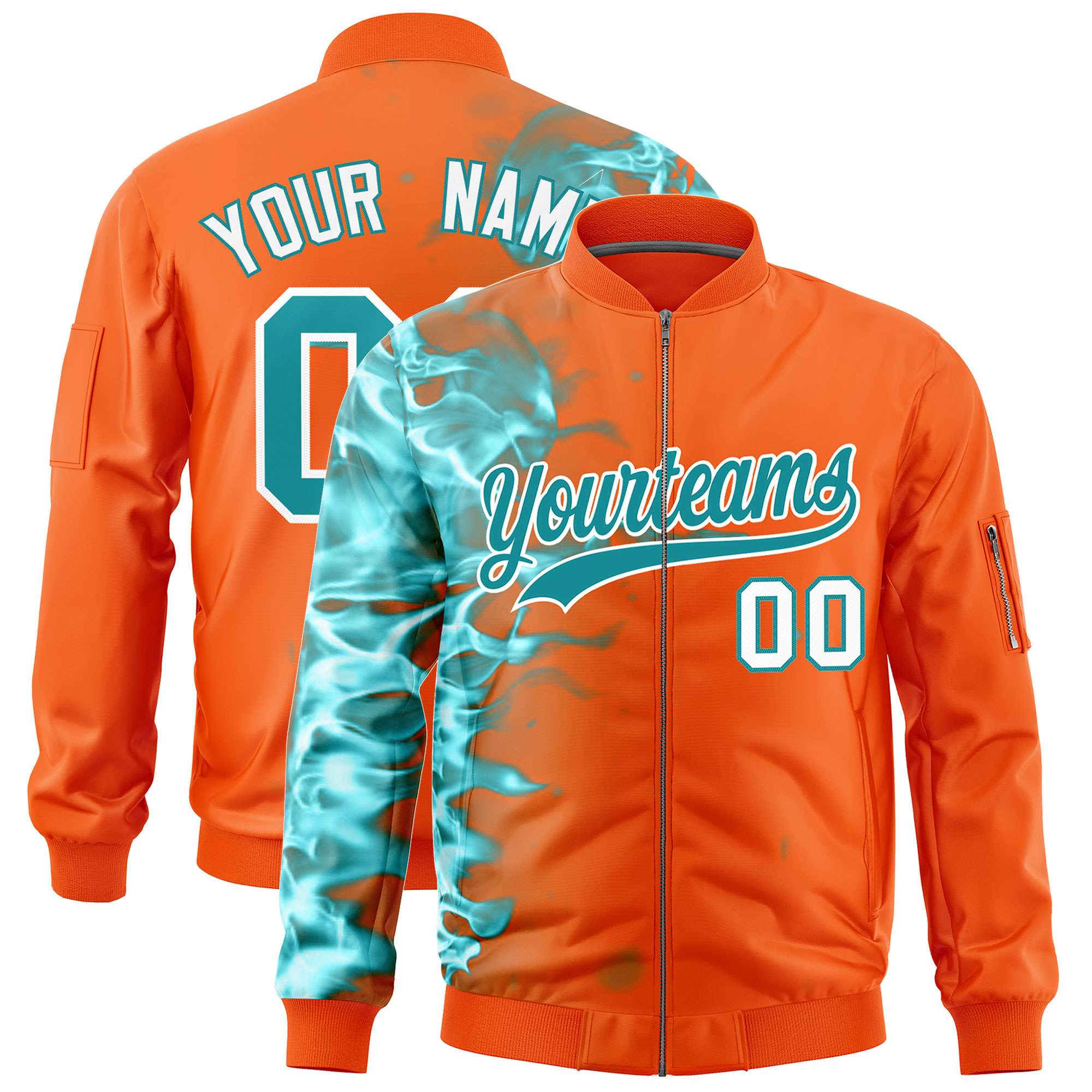 Custom Orange 3D Flame Varsity Full-Zip Letterman Bomber Jacket