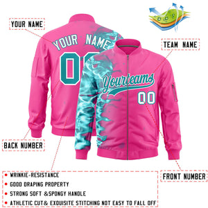 Custom Pink 3D Flame Varsity Full-Zip Letterman Bomber Jacket