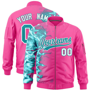 Custom Pink 3D Flame Varsity Full-Zip Letterman Bomber Jacket