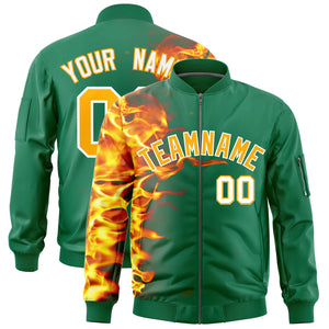 Custom Kelly Green 3D Flame Varsity Full-Zip Letterman Bomber Jacket