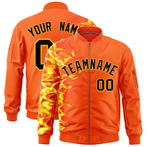 Custom Orange 3D Flame Varsity Full-Zip Letterman Bomber Jacket