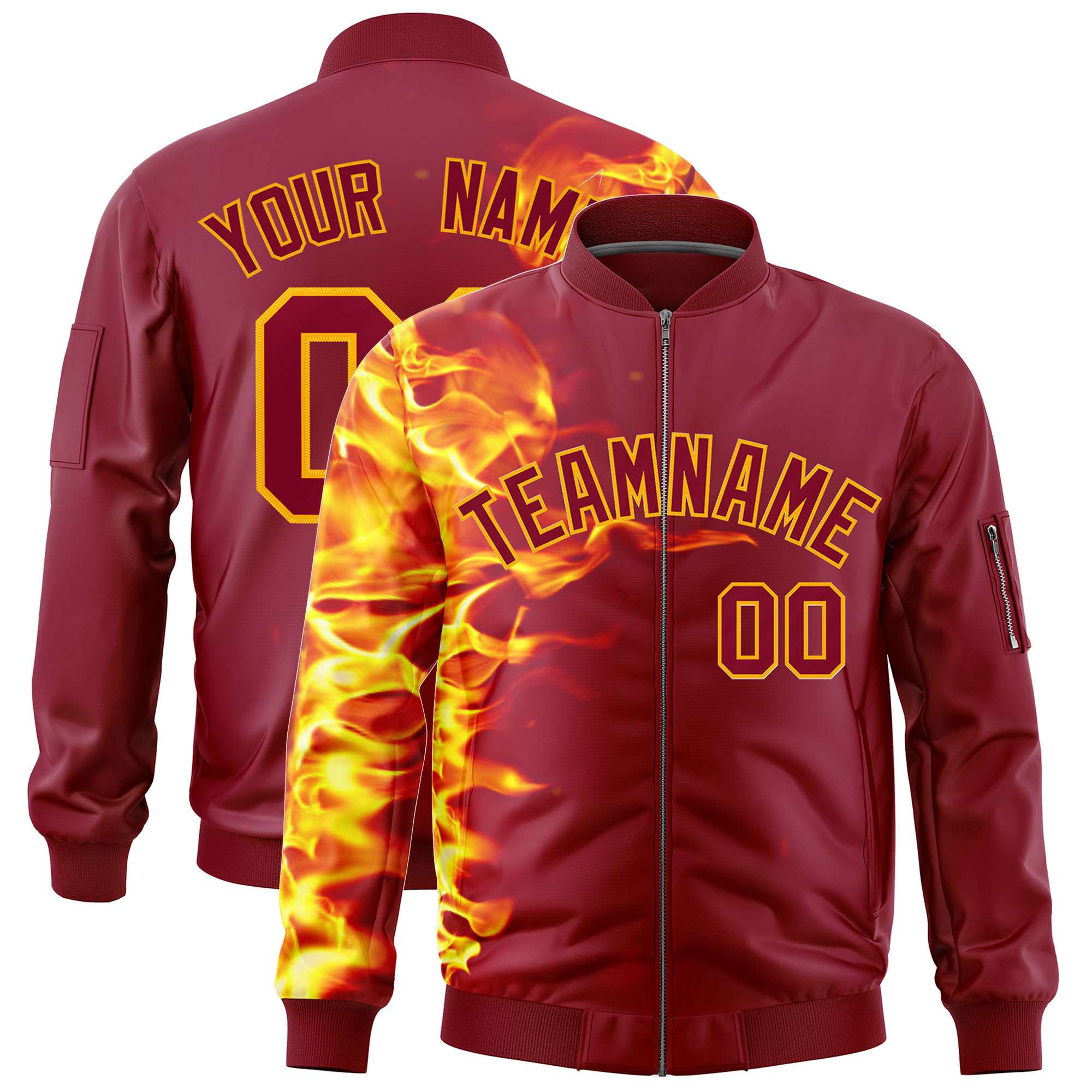 Custom Crimson 3D Flame Varsity Full-Zip Letterman Bomber Jacket