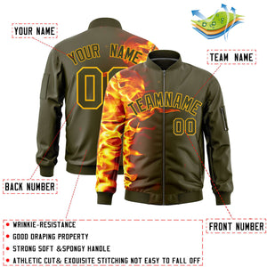 Custom Olive 3D Flame Varsity Full-Zip Letterman Bomber Jacket