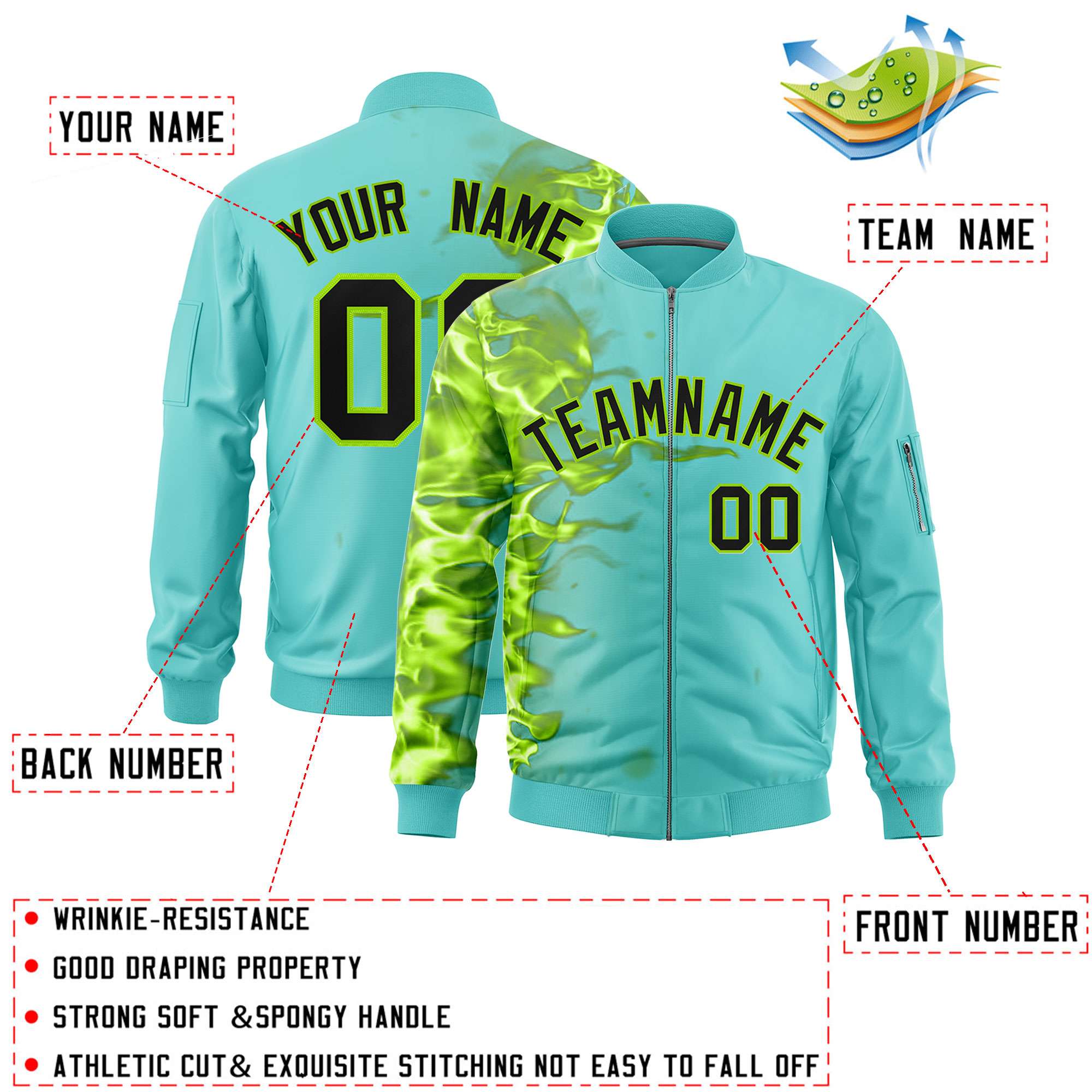 Custom Bright Green 3D Flame Varsity Full-Zip Letterman Bomber Jacket