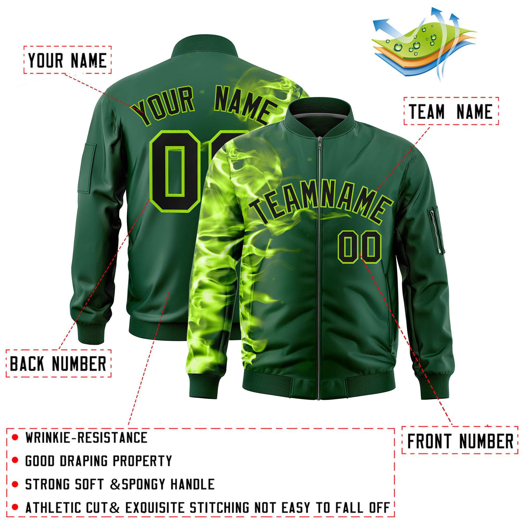 Custom Green 3D Flame Varsity Full-Zip Letterman Bomber Jacket