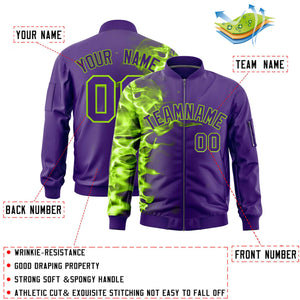 Custom Purple 3D Flame Varsity Full-Zip Letterman Bomber Jacket