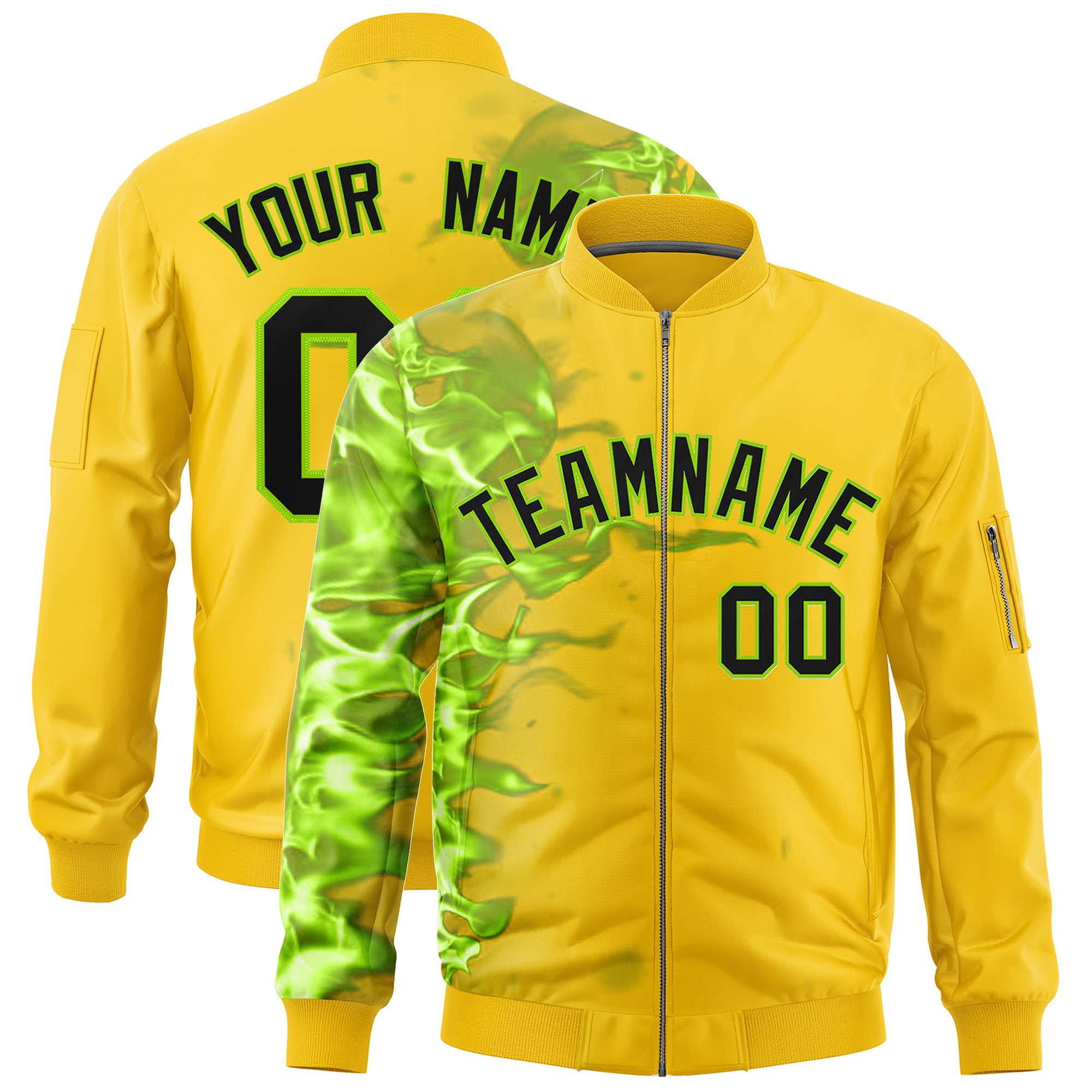 Custom Gold 3D Flame Varsity Full-Zip Letterman Bomber Jacket