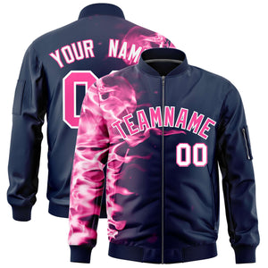 Custom Navy 3D Flame Varsity Full-Zip Letterman Bomber Jacket