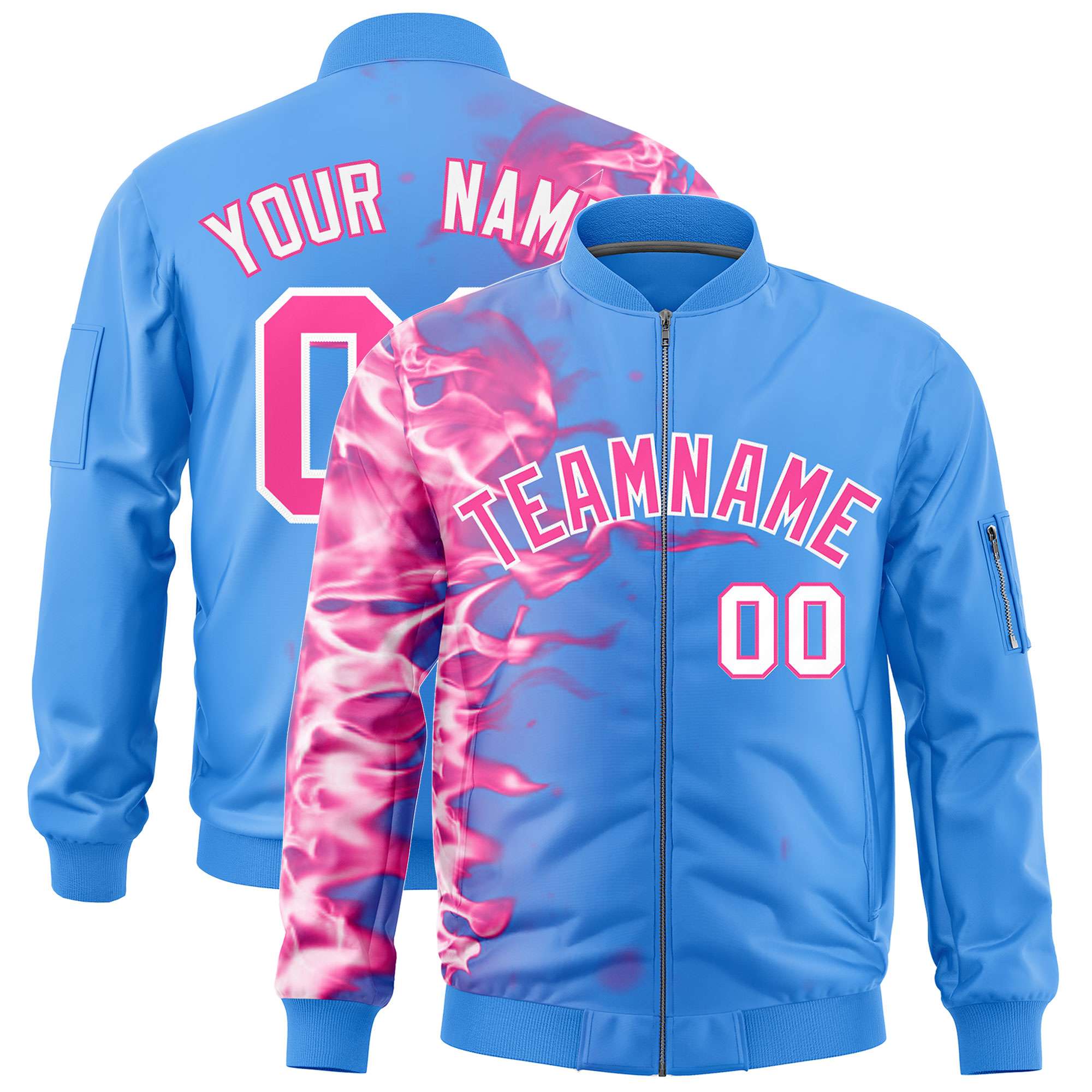 Custom Powder Blue 3D Flame Varsity Full-Zip Letterman Bomber Jacket