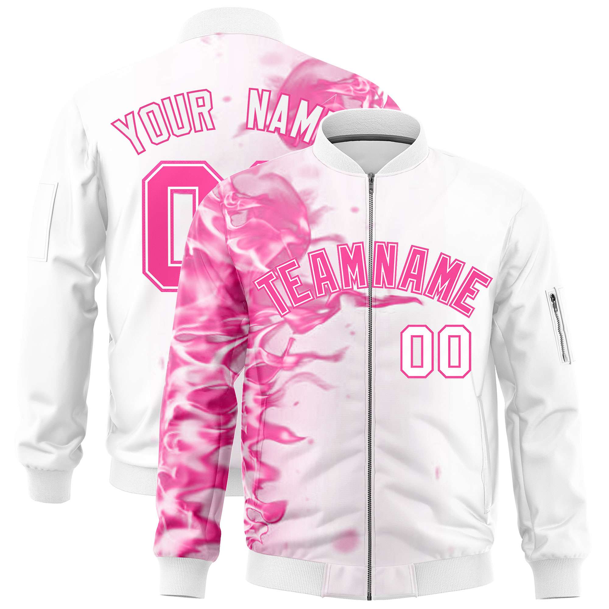 Custom White 3D Flame Varsity Full-Zip Letterman Bomber Jacket