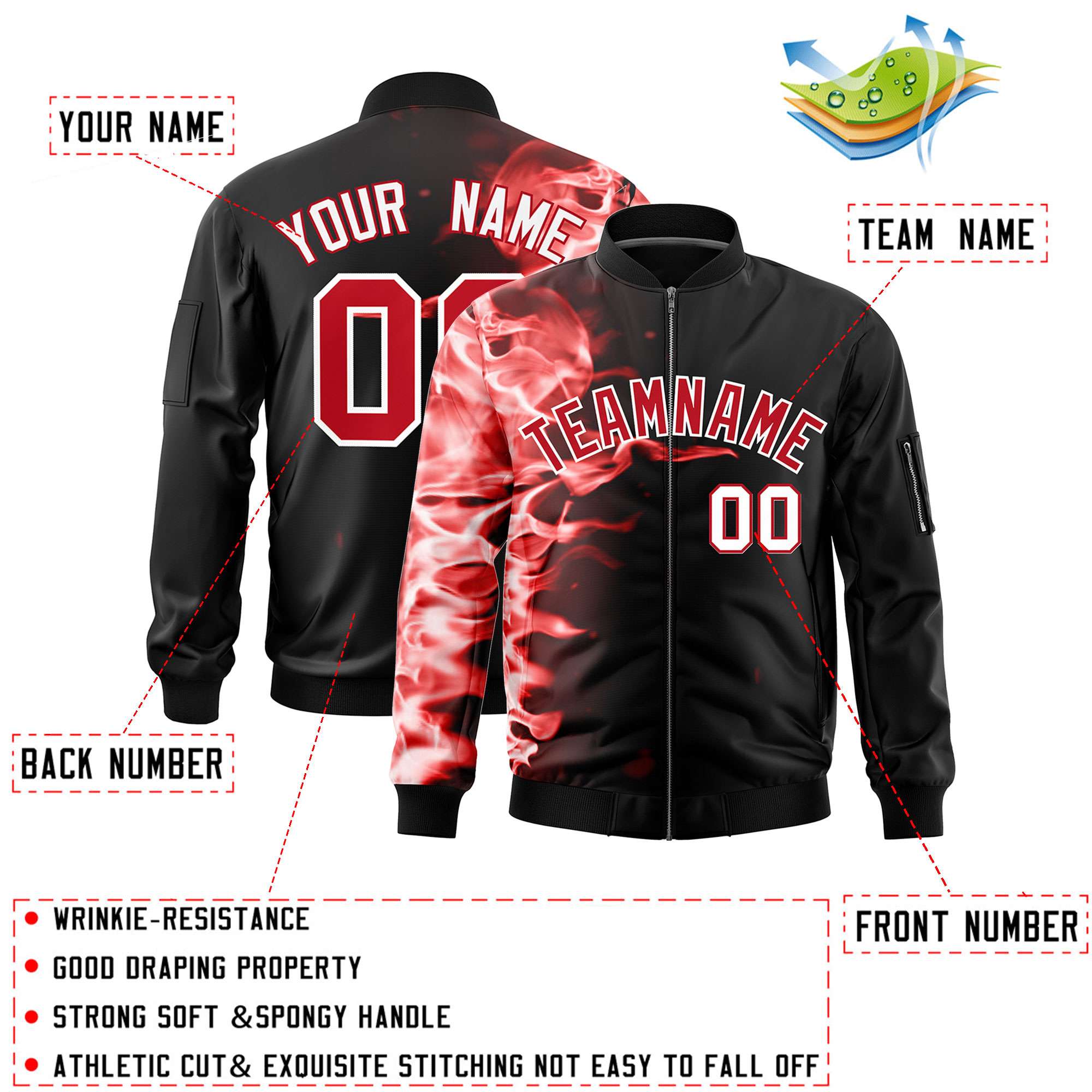 Custom Black 3D Flame Varsity Full-Zip Letterman Bomber Jacket