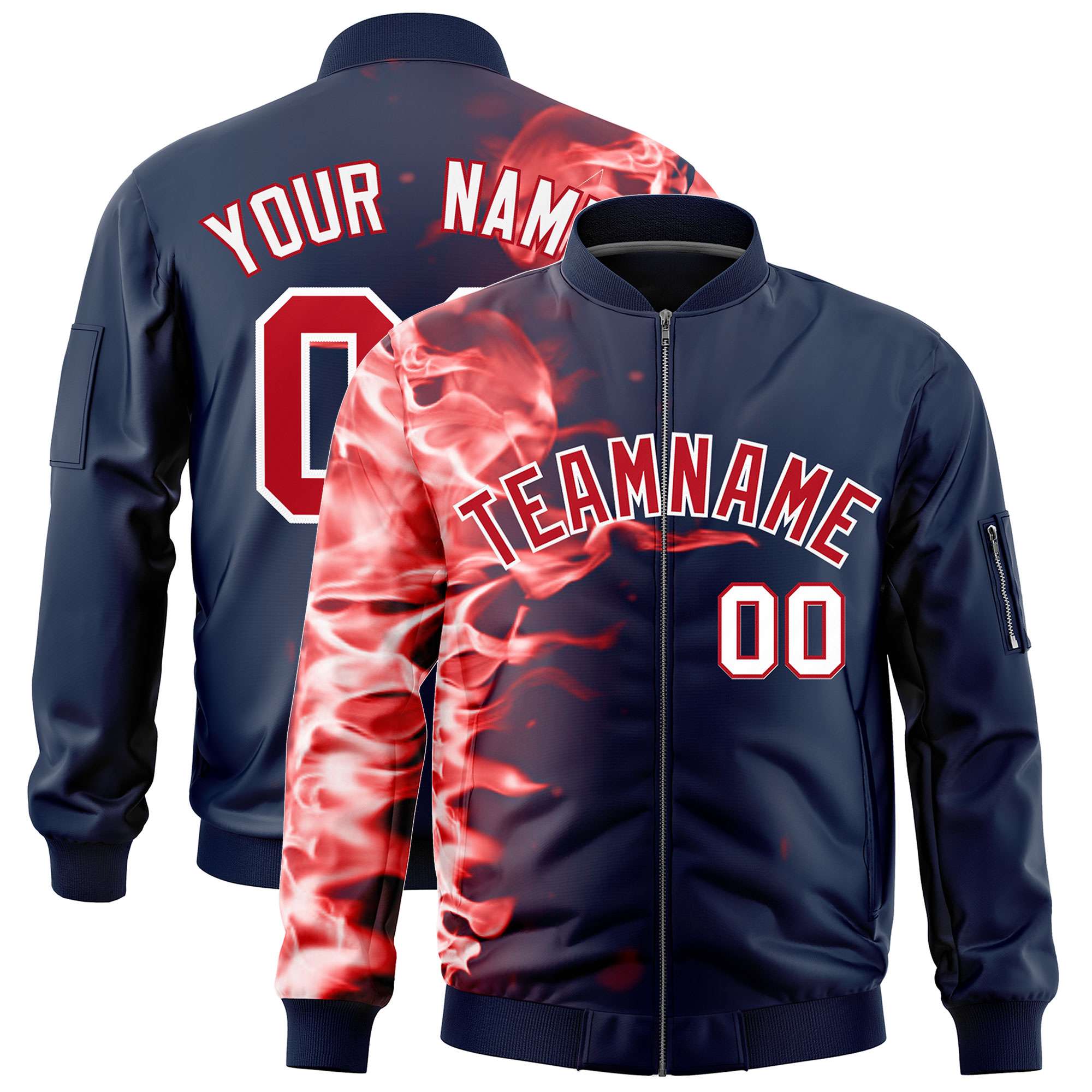 Custom Navy 3D Flame Varsity Full-Zip Letterman Bomber Jacket