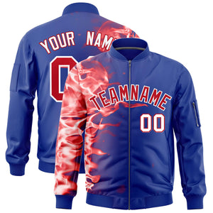 Custom Royal 3D Flame Varsity Full-Zip Letterman Bomber Jacket