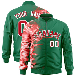 Custom Kelly Green 3D Flame Varsity Full-Zip Letterman Bomber Jacket