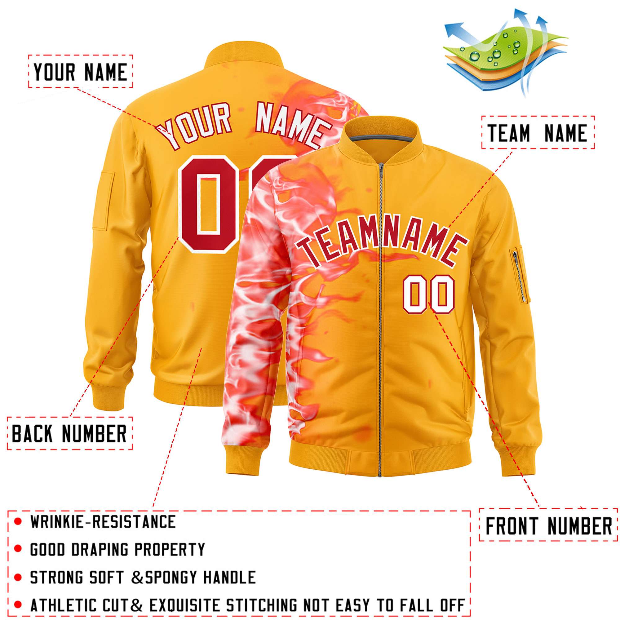 Custom Yellow 3D Flame Varsity Full-Zip Letterman Bomber Jacket