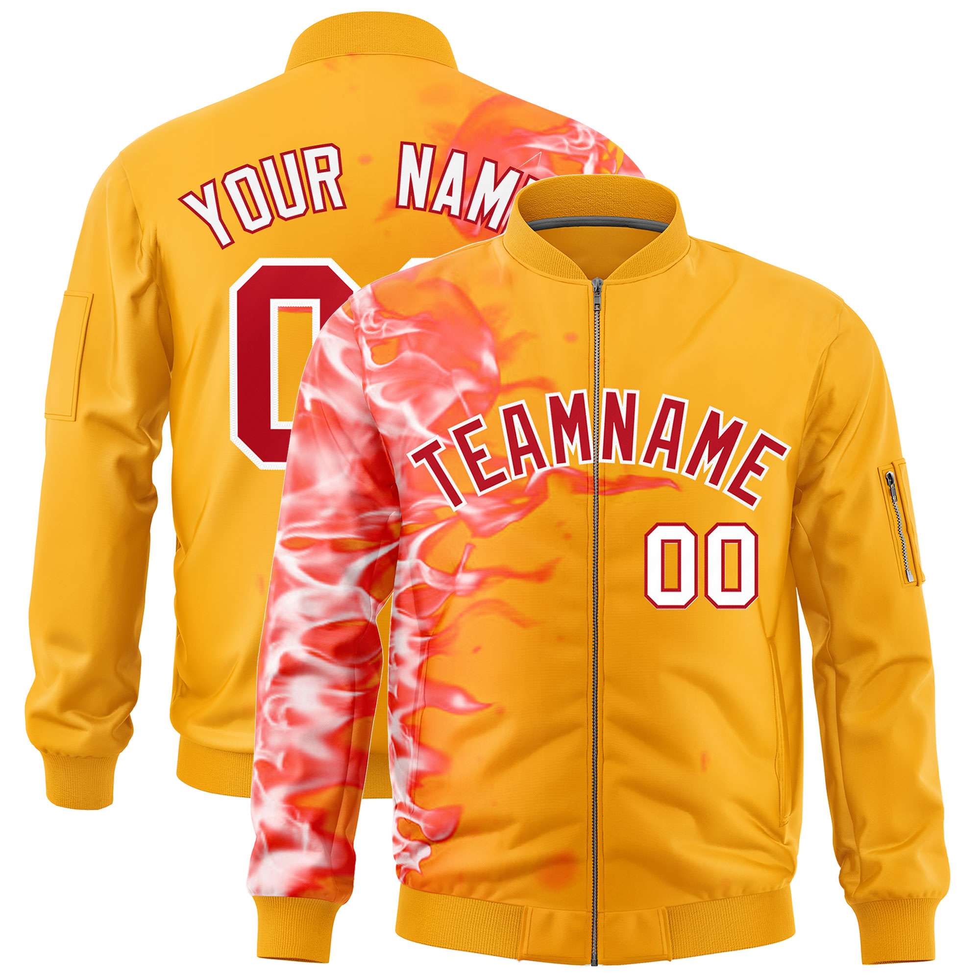 Custom Yellow 3D Flame Varsity Full-Zip Letterman Bomber Jacket