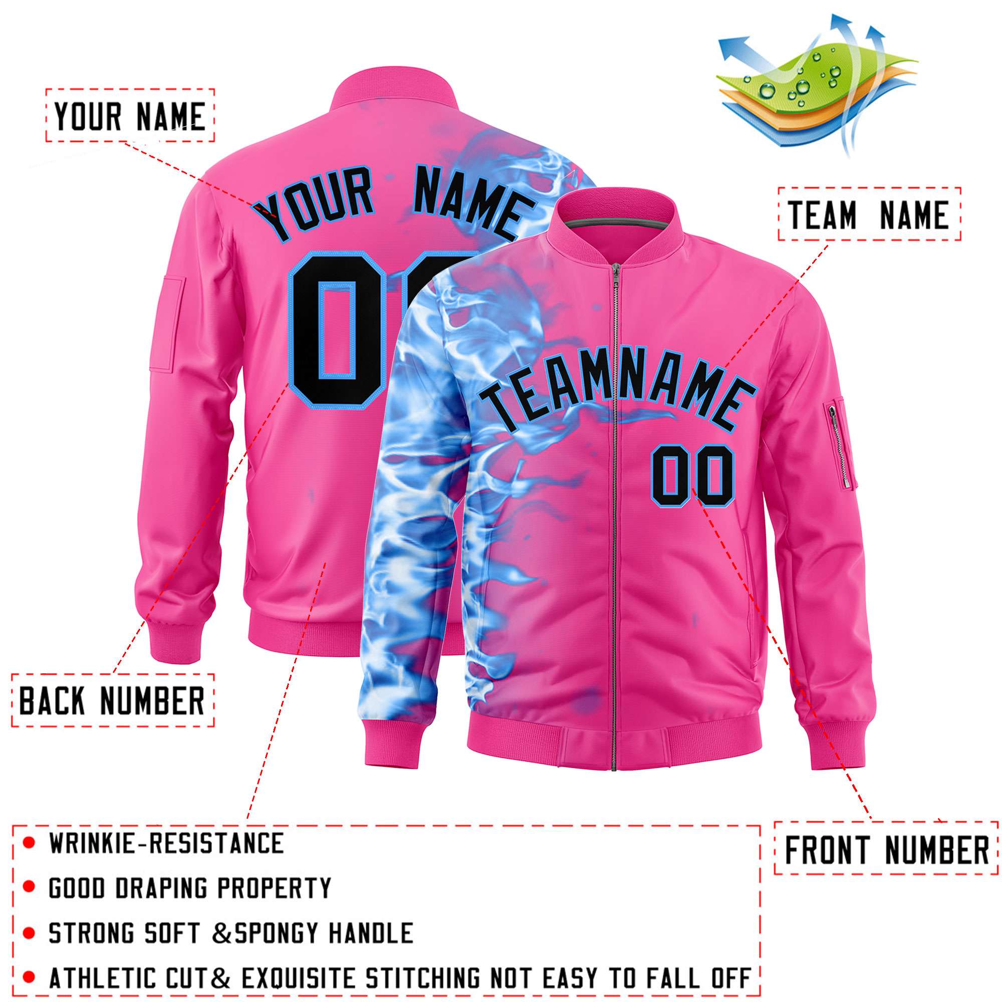 Custom Pink 3D Flame Varsity Full-Zip Letterman Bomber Jacket