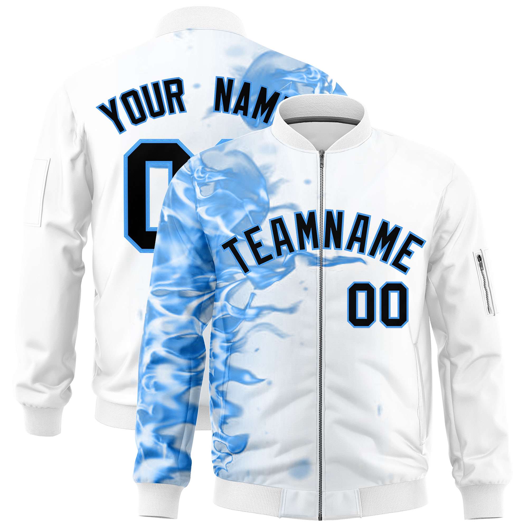 Custom White 3D Flame Varsity Full-Zip Letterman Bomber Jacket