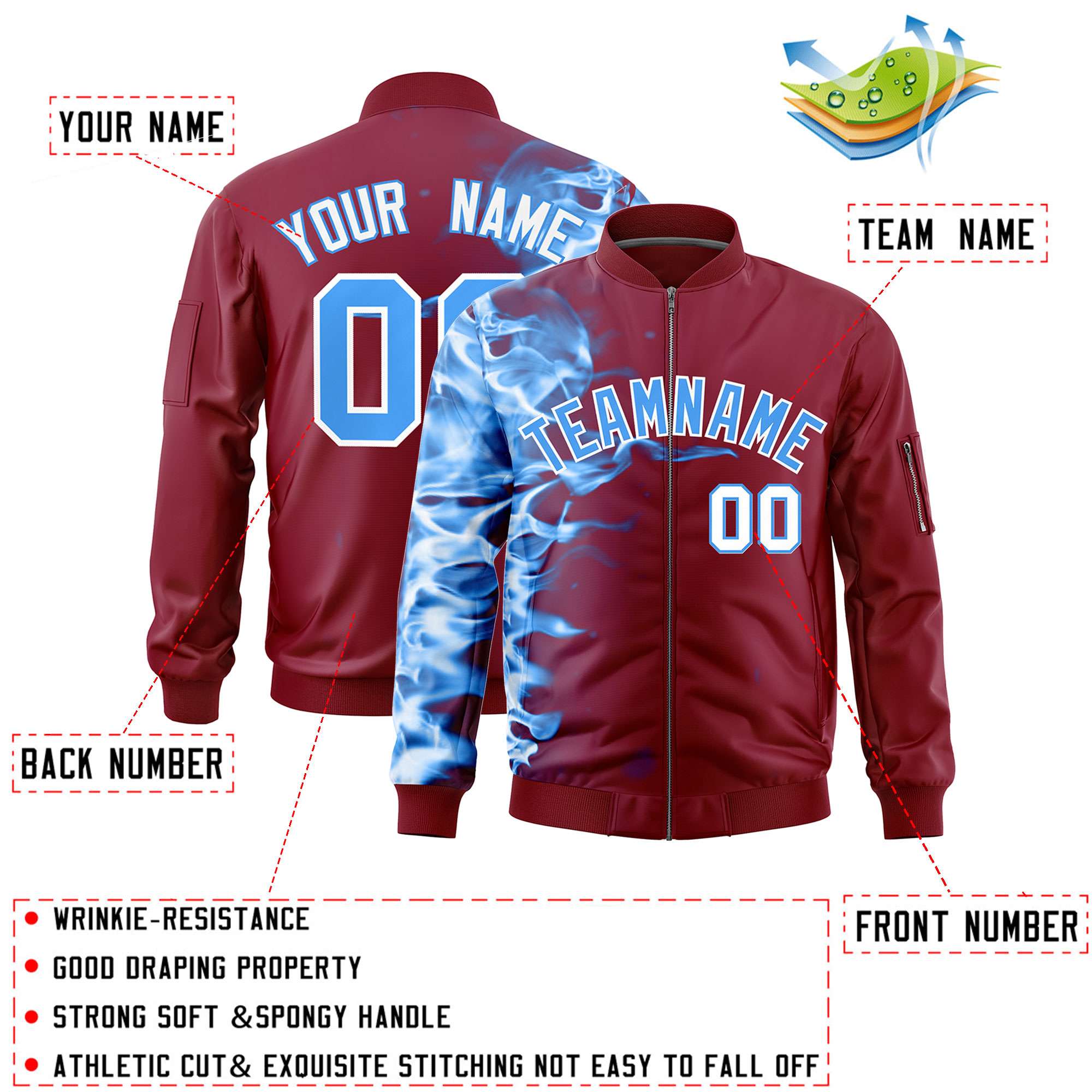 Custom Crimson 3D Flame Varsity Full-Zip Letterman Bomber Jacket