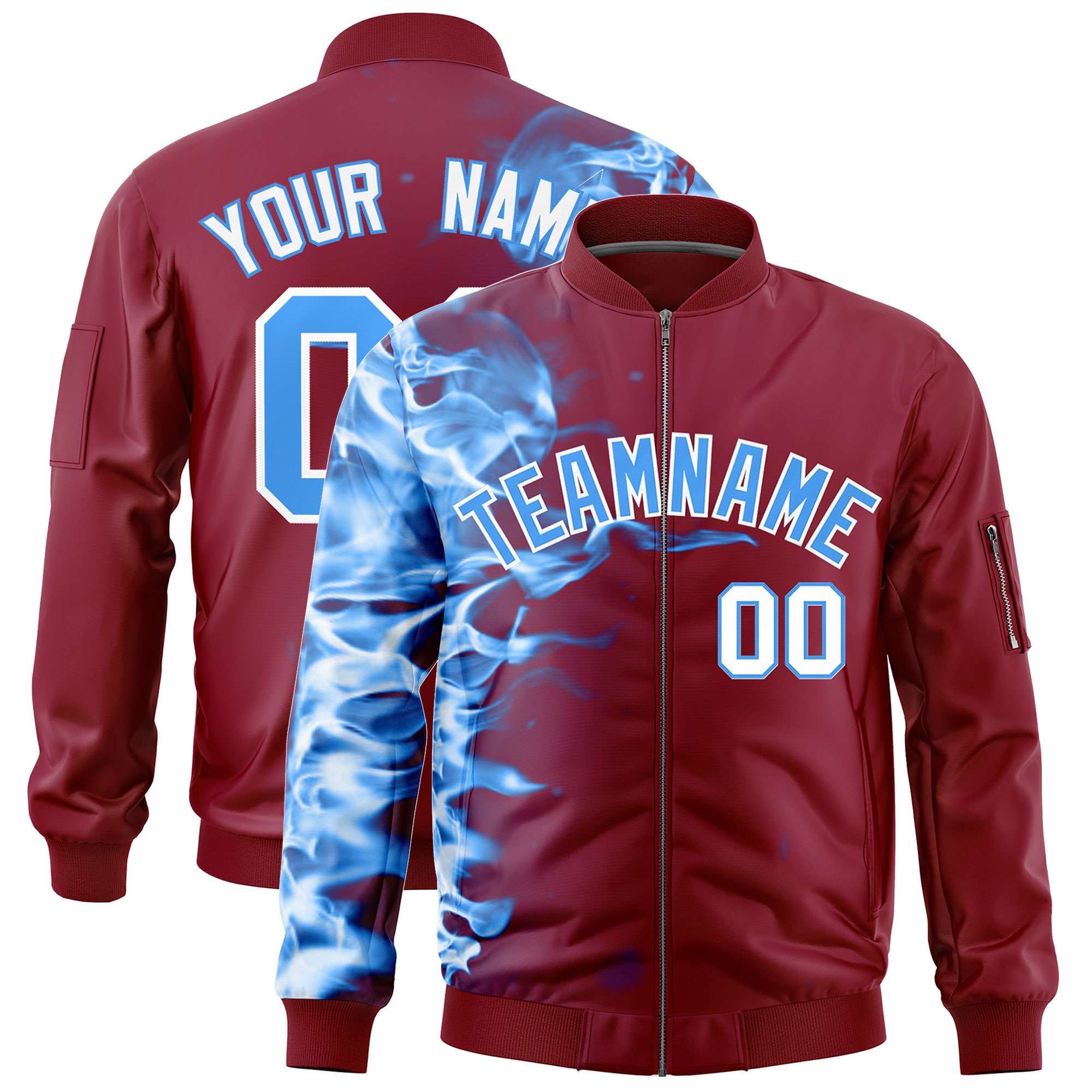 Custom Crimson 3D Flame Varsity Full-Zip Letterman Bomber Jacket