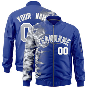 Custom Royal 3D Flame Varsity Full-Zip Letterman Bomber Jacket