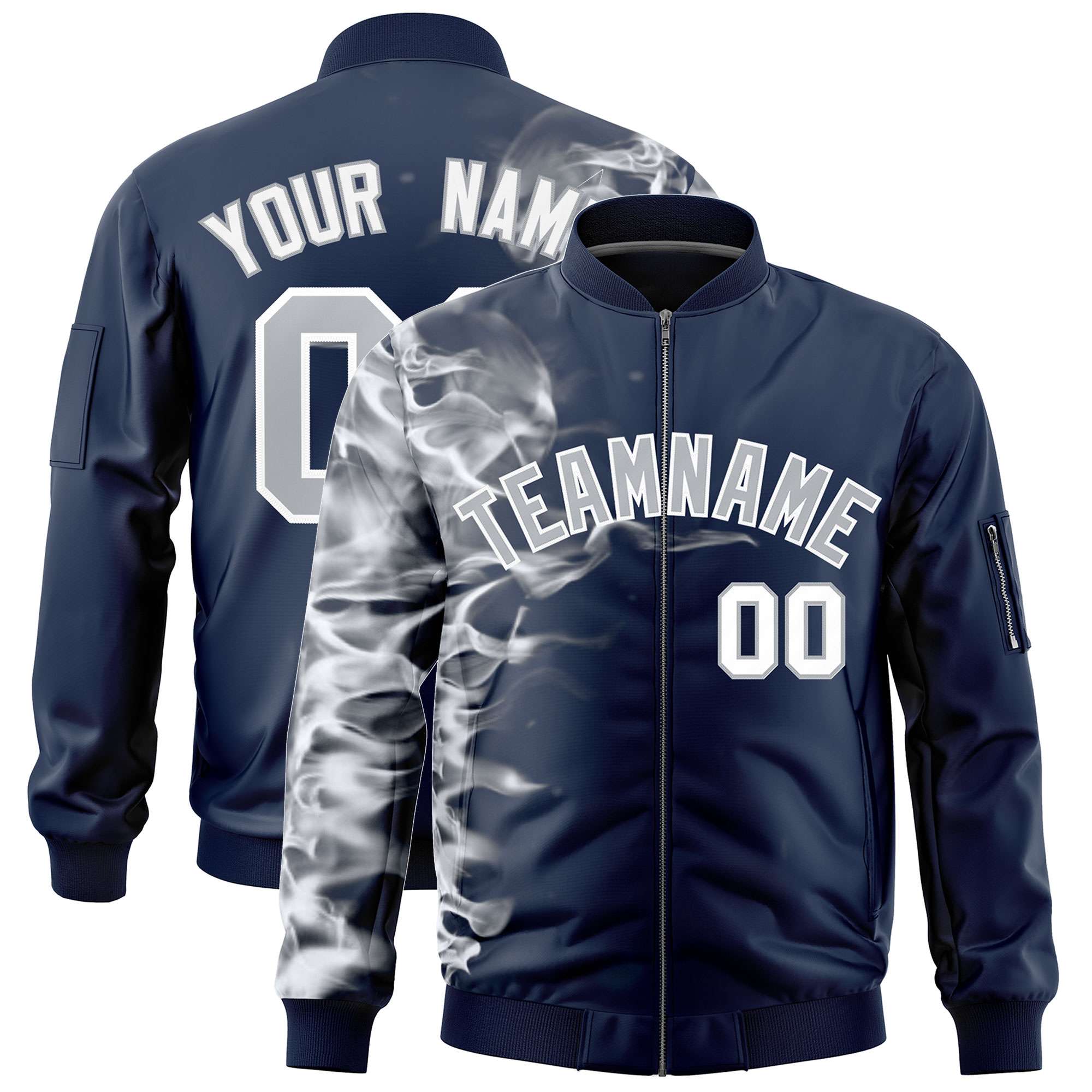 Custom Navy 3D Flame Varsity Full-Zip Letterman Bomber Jacket