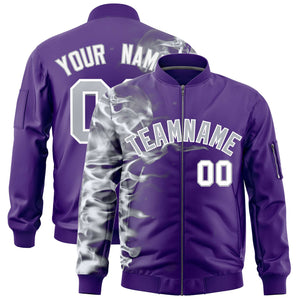 Custom Purple 3D Flame Varsity Full-Zip Letterman Bomber Jacket