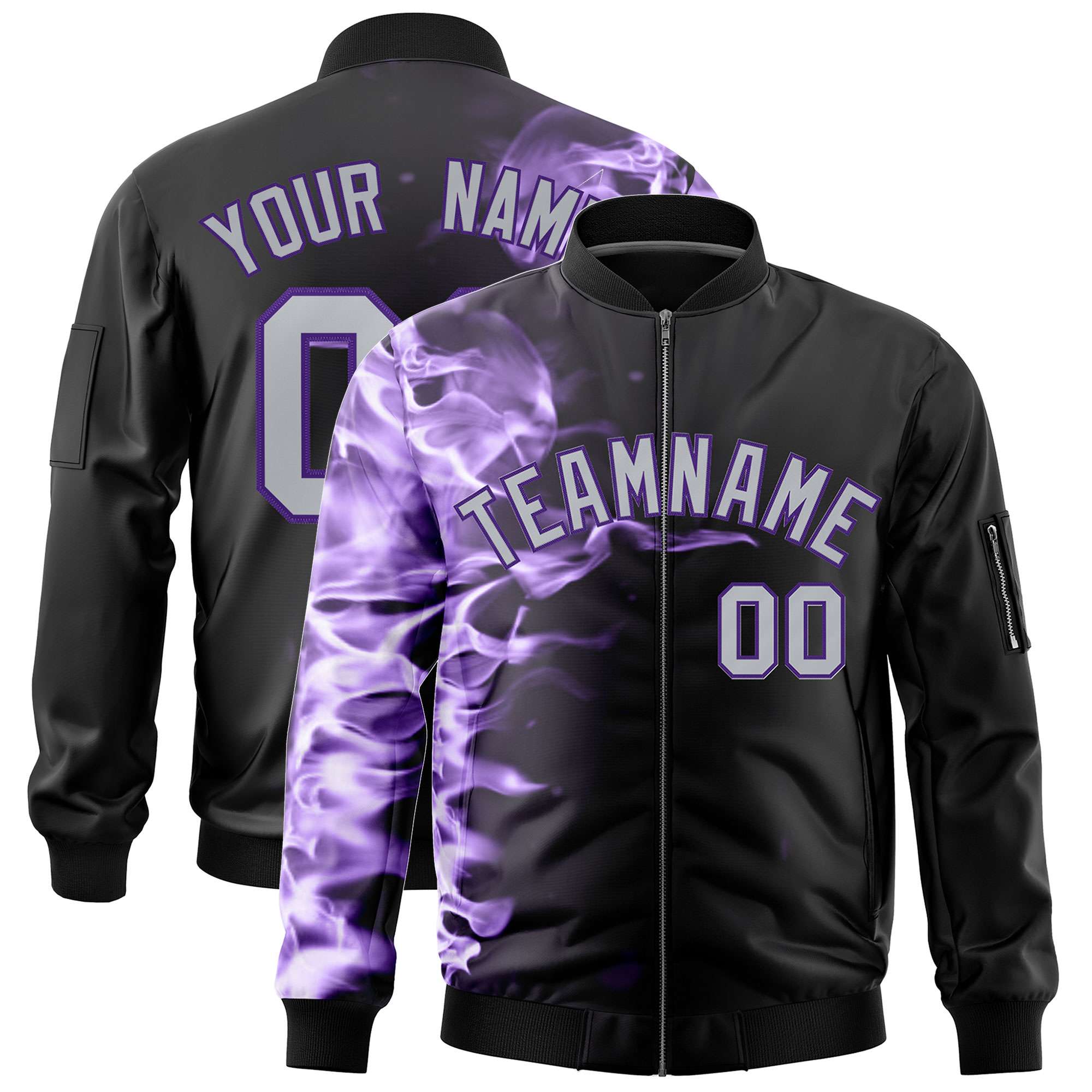 Custom Black 3D Flame Varsity Full-Zip Letterman Bomber Jacket