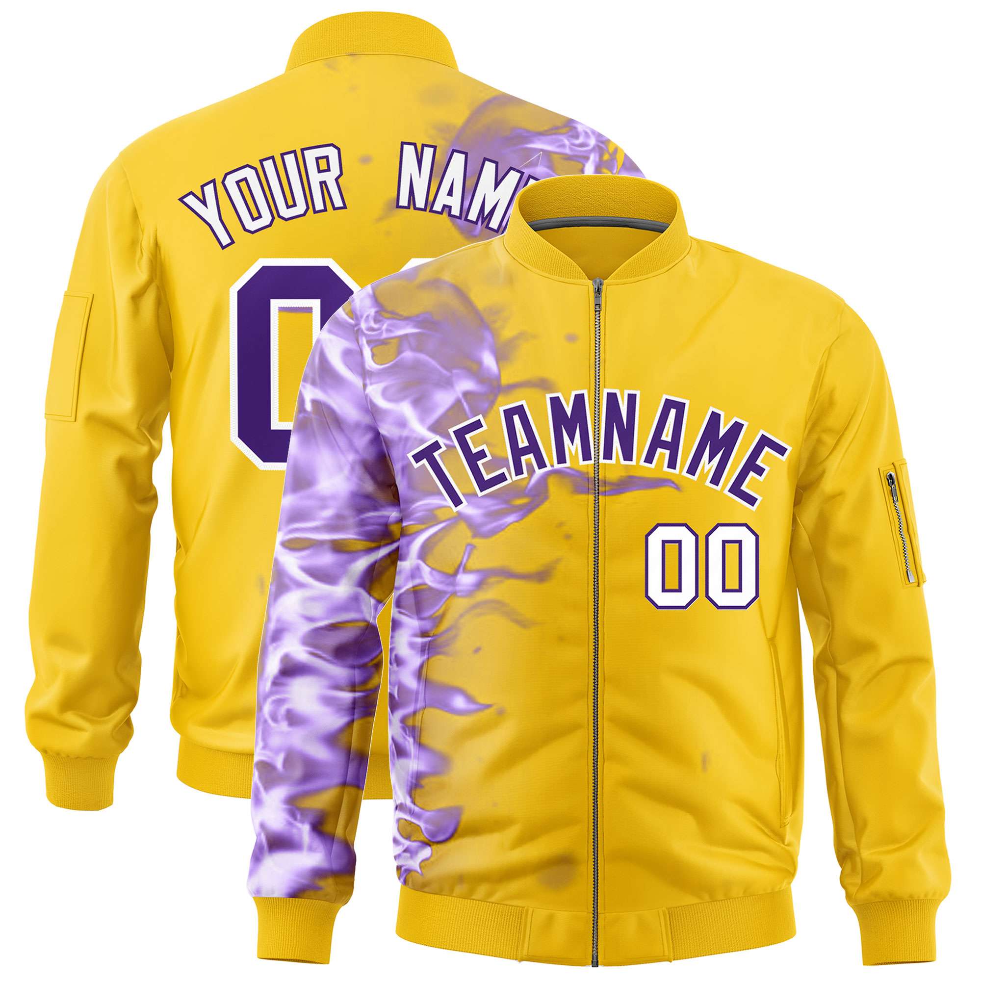 Custom Gold 3D Flame Varsity Full-Zip Letterman Bomber Jacket