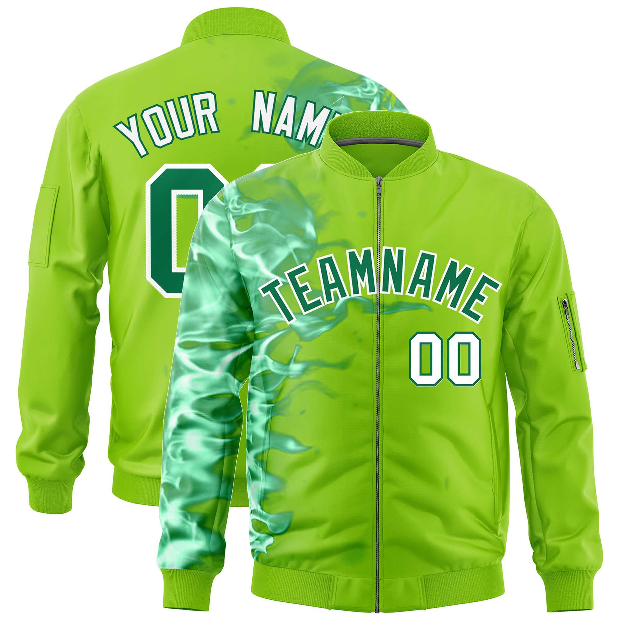 Custom Neon Green 3D Flame Varsity Full-Zip Letterman Bomber Jacket