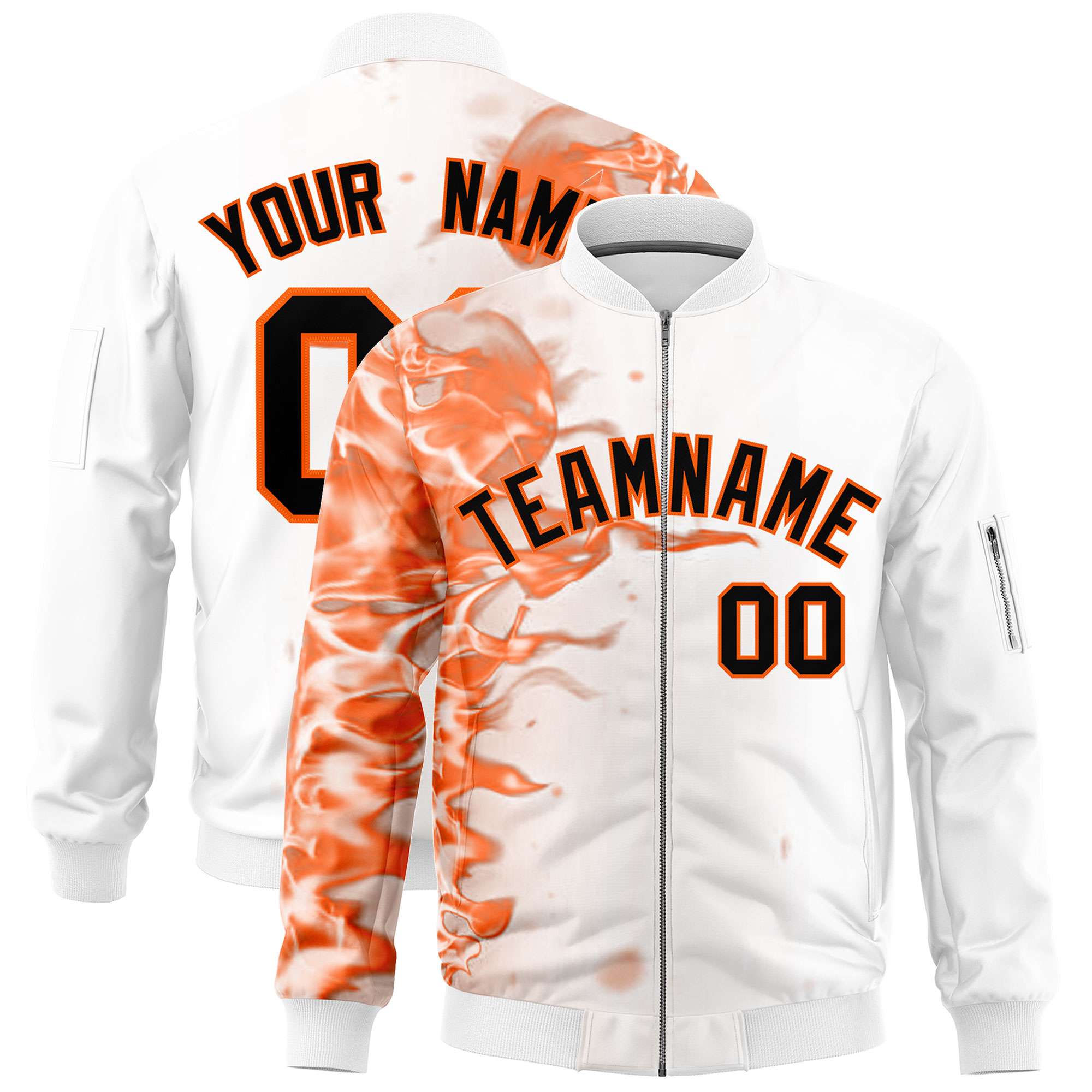 Custom White 3D Flame Varsity Full-Zip Letterman Bomber Jacket