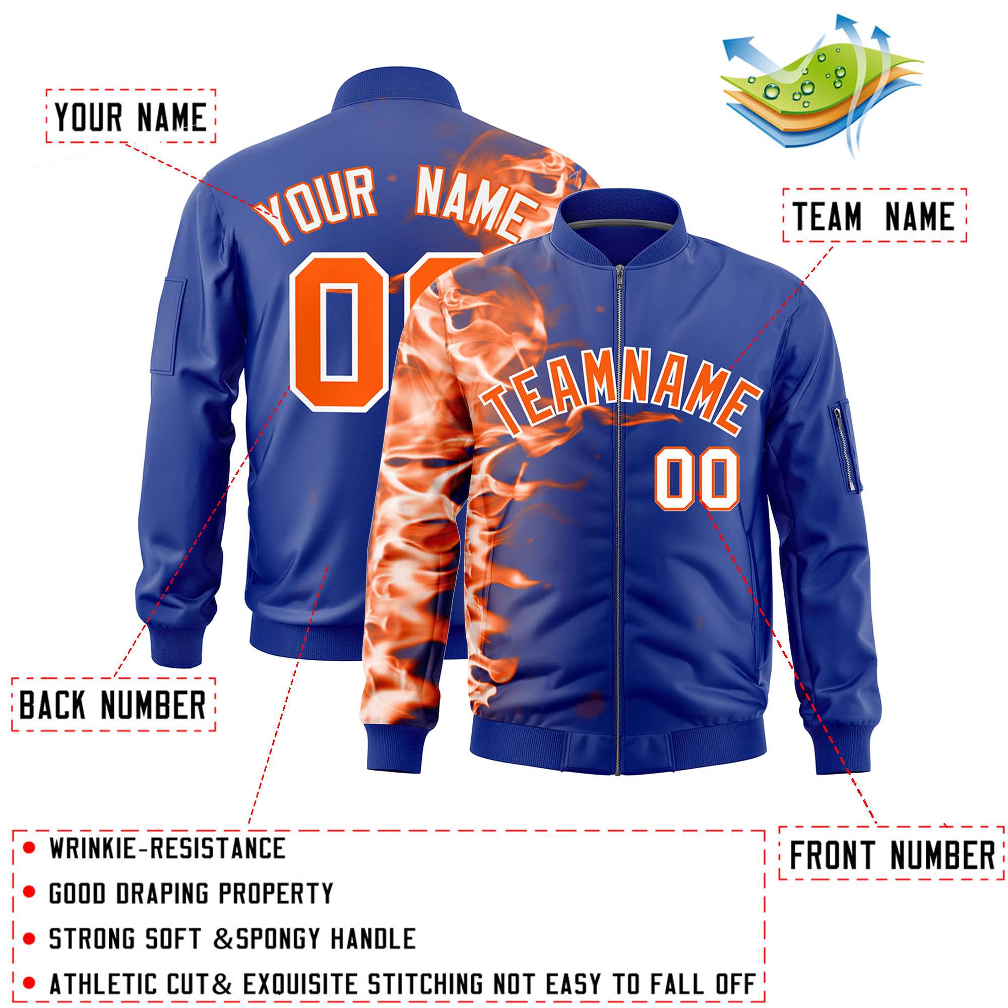 Custom Royal 3D Flame Varsity Full-Zip Letterman Bomber Jacket